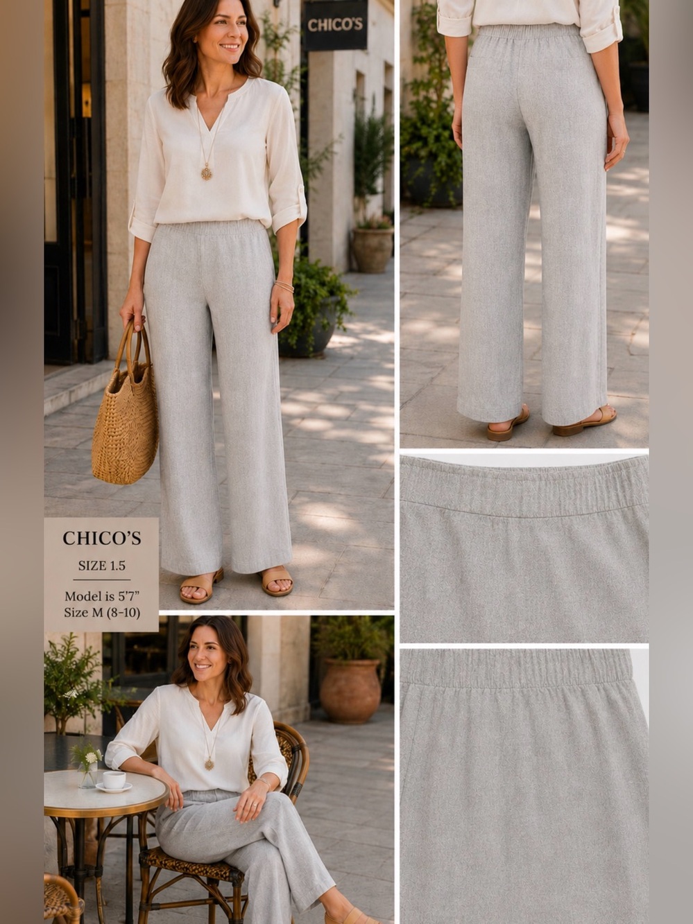 Chico’s Linen Blend Wide Leg Pull-On Pants Light Gray Oatmeal Size 1.5/ size 10